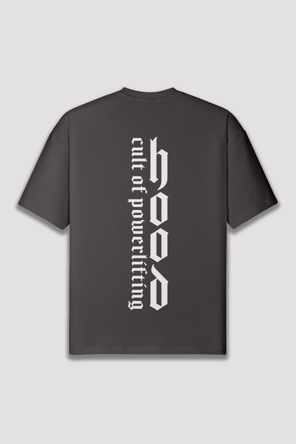 CAMISETA GRANDE GRIS OSCURO CON CONTRAPORTADA "CULT OF POWERLIFTING" DE HM