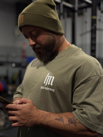 HM "POWERLIFTING" BACK COVER - MILITARY GREEN OVERSIZED T-SHIRT